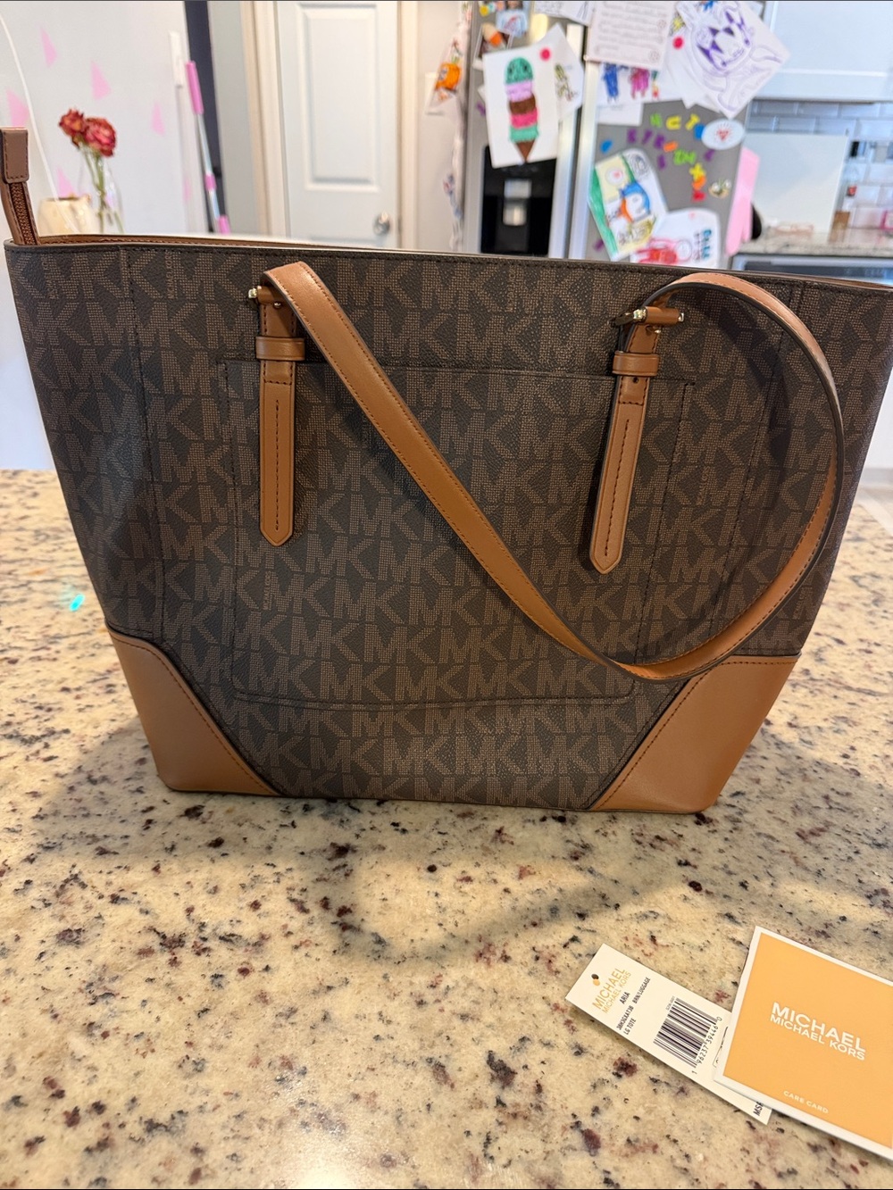 Michael Kors Aria Brown Logo Tote with Tan Trim and Gold Logo - Picture 6 of 16